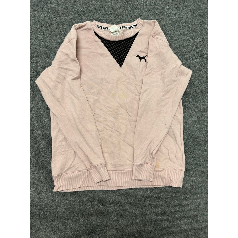 PINK Sweatshirt Womens Size S Pink Mesh V-Neck Logo Graphic Pullover Stained